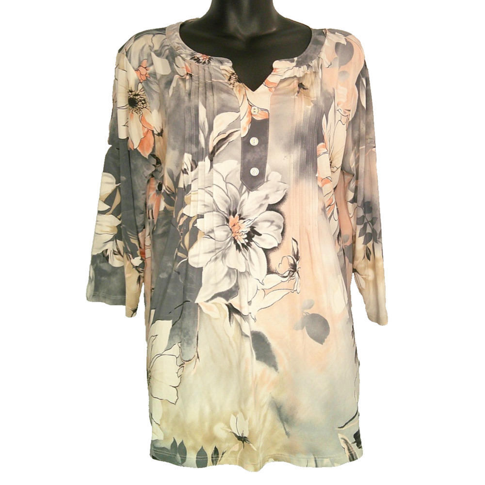 Southern Lady Women's Medium Pleated Front 3/4 Sleeve Floral Blouse Pink Gray